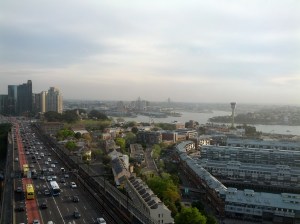The southwest view from the southeast pylon.  More city and other quays.